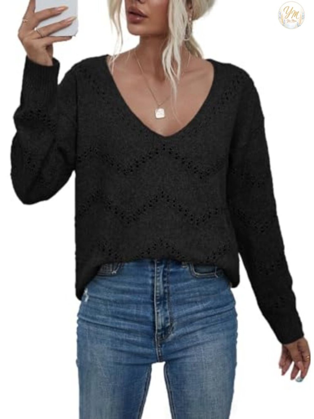 Crochet Knit Pullover Sweater Deep V-Neck Long Sleeve Hollow Out Fall Top
